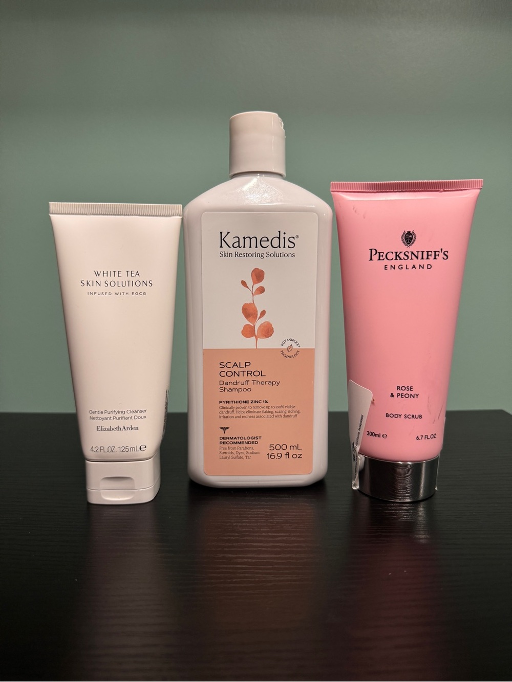 3pc White tea cleanser, Kamedis therapy shampoo, Pecksniff’s rose & peony scrub